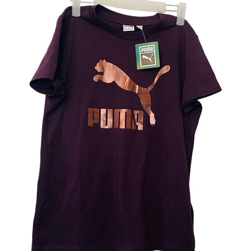 NWT Puma Classics Metallic Logo Short Sleeve Cotton Blend Tee Purple Small